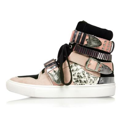 Pink leather buckle high top trainers